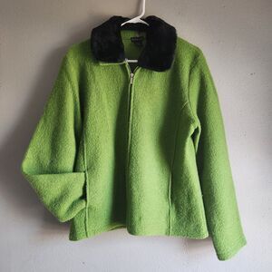 Tally Ho Vintage Lime Green Wool Coat L Black Fur Collar 90s Mod Indie Sleaze